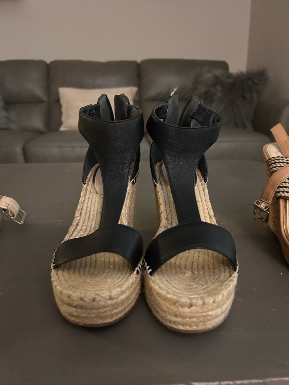 Kenneth Cole Black Leather Espadrille Wedge Sandals